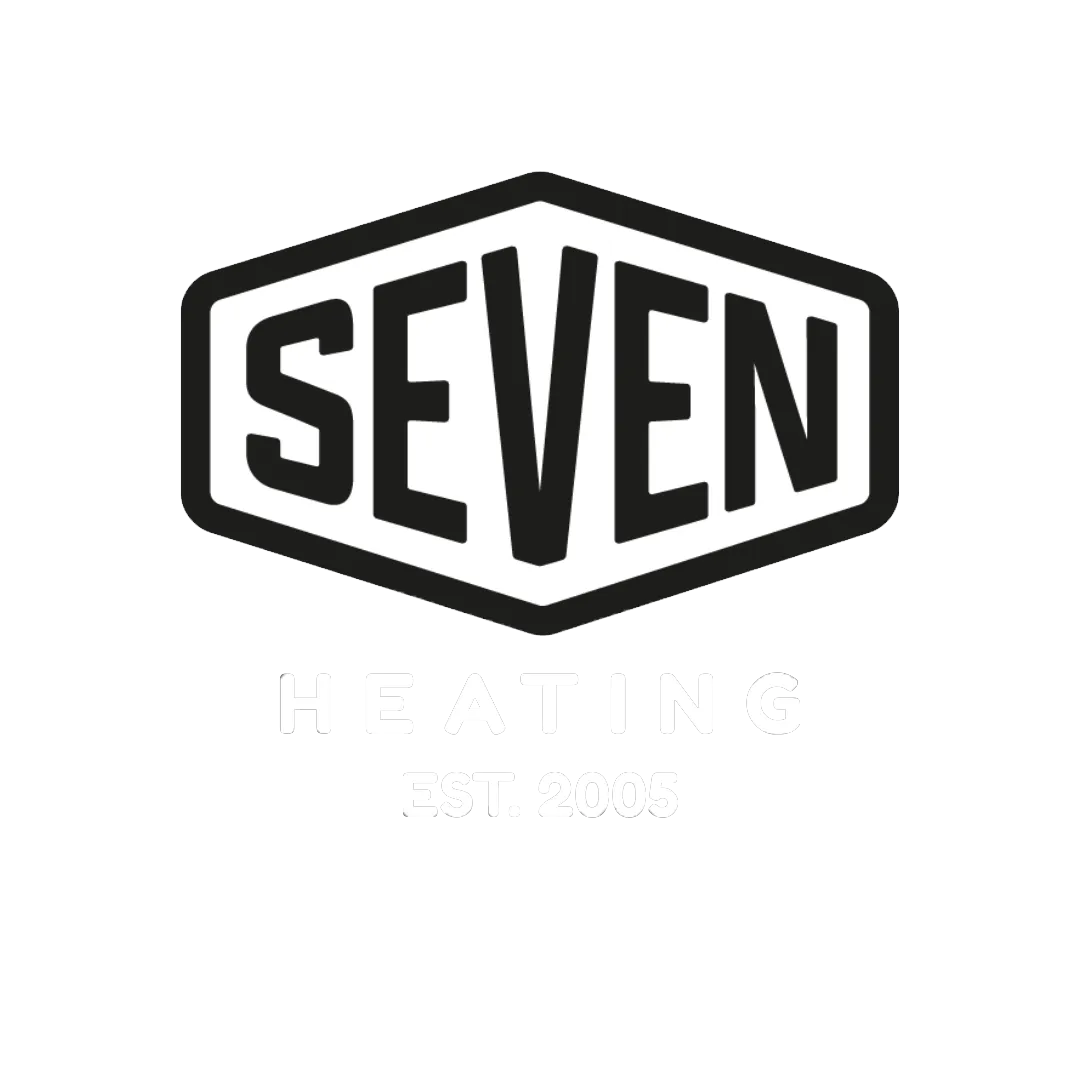 A black and white logo for seven heating.