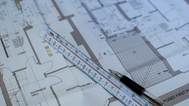A ruler is laying on top of blueprints.